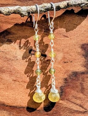 Earthy Green Garnet Earrings Dainty Sterling Silver Dangle Drop Wire Wrap